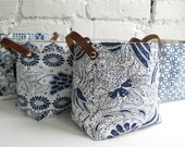 Celadon storage Pod Selection with leather handles - Hand block printed