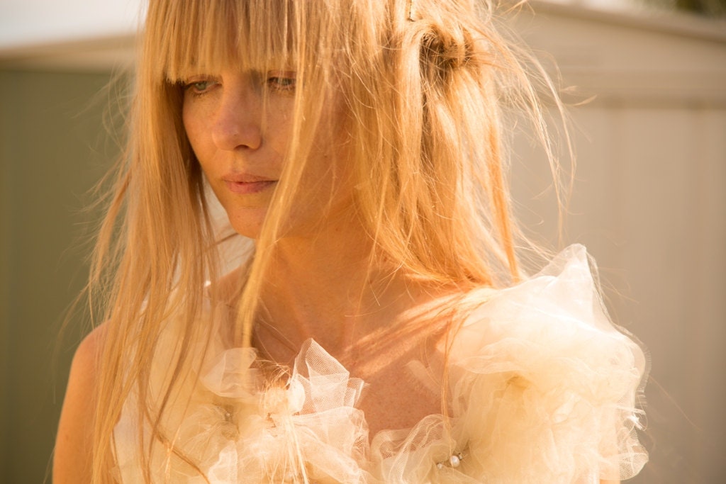 Ready to Ship- Long Cream Silk Noil Dress. Unconventional Beaded Wedding Dress. Silk and Tulle Maxi Dress