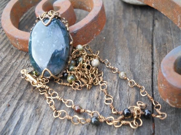 Vintaj Wrapped Moss Agate Necklace with Tourmaline Beaded Chain