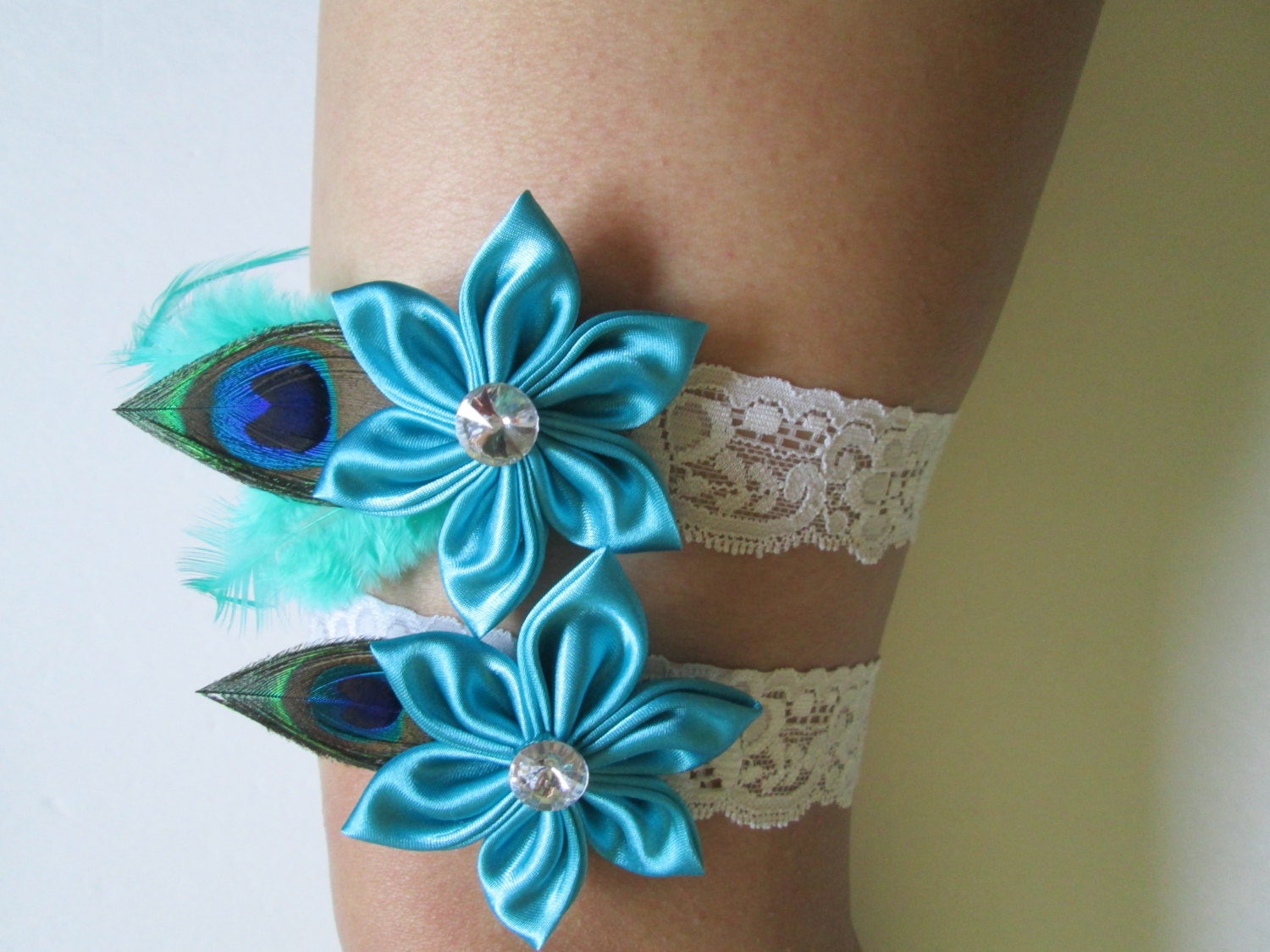 Wedding Garters, Bridal Garters, Ivory Stretch Lace Garters, Ivory Lace Garters, Turquoise Garters, Teal Blue Garters, Peacock Garters