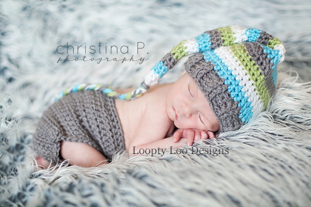 Newborn Photo Prop - Stocking Hat and Diaper Cover Boy Set -Elf Hat, Baby Boy Photo Prop,  -Sizes NEWBORN TO 12 MONTHS (more colors)