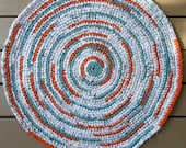 Crocheted Rag Rug - Round Rug - Crocheted rug - Rag rug - Housewares - Repurposed Fabric - Kitchen - Turquoise - Orange
