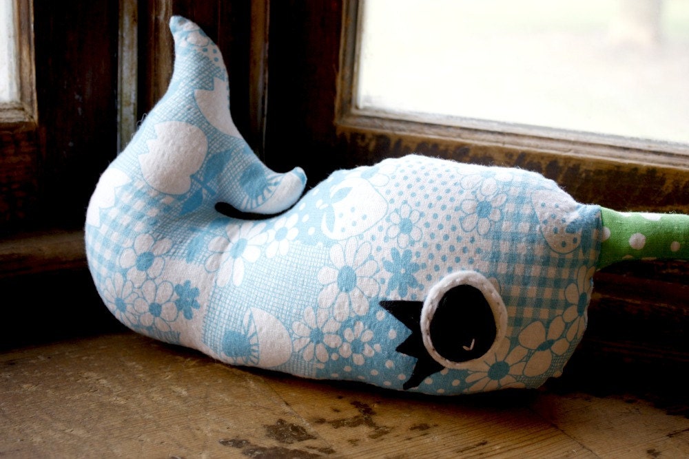 narwhal plush pillow, stuffed narwhal, vintage fabric, narwhal decor, ocean decor