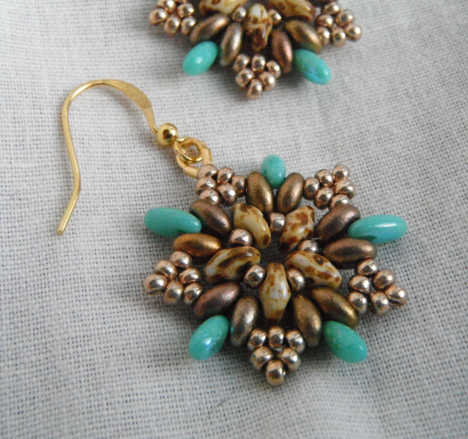 Champagne Bronze and Turquoise Picasso Bead Earrings - Rustic Snowflake