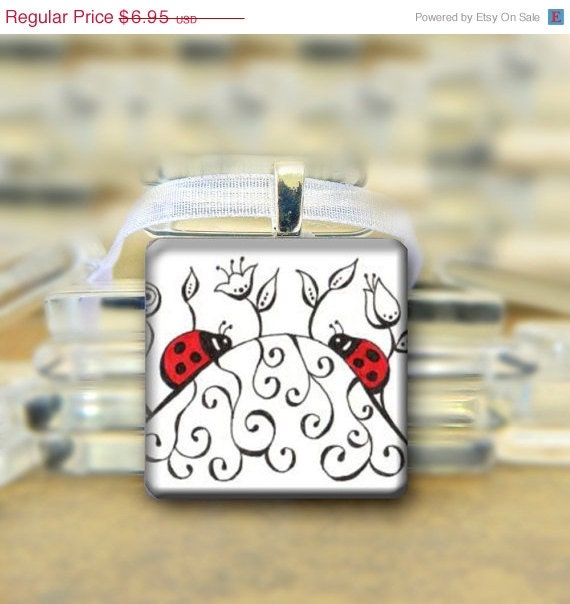 SALE Tile Pendant - Ladybugs & Flowers necklace - 1 inch square glass