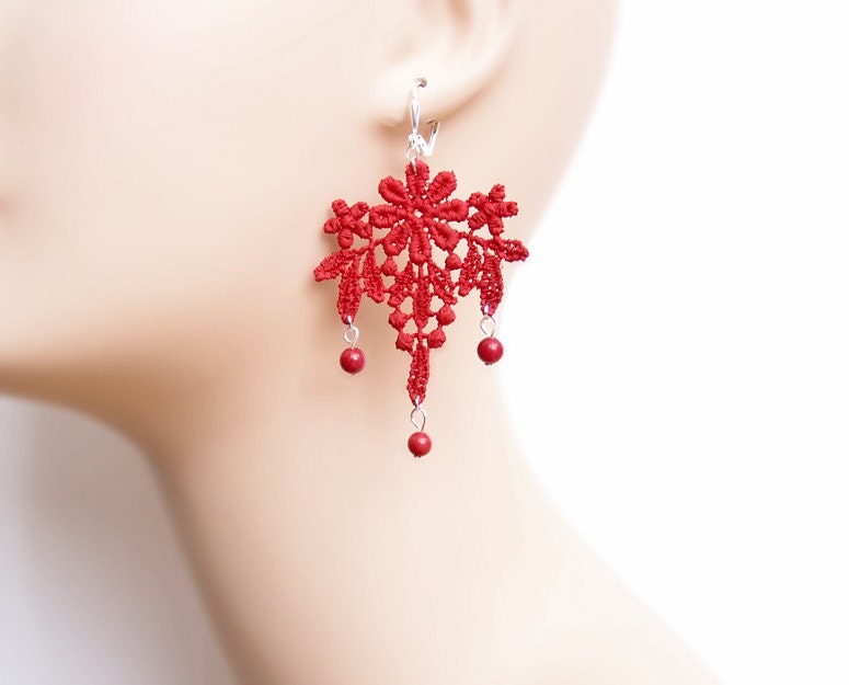 Red Mixed Media Lace Earrings - Humaira - Valentines Day Jewelry - Lace Beaded Statement Earrings