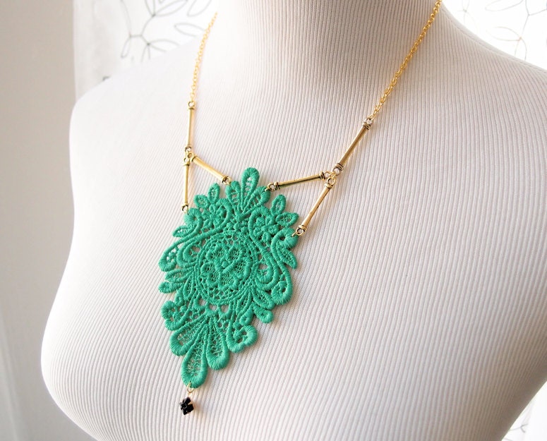 Jade Lace Necklace - Minka - Green Black Gold Mixed Media Jewelry - Emerald Bib Necklace