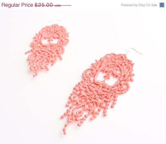 Memorial Day Weekend Sale Lace Earrings - Orabella in Coral - Pink Bridal Earrings - Romantic Lace Jewelry For Her in Orange