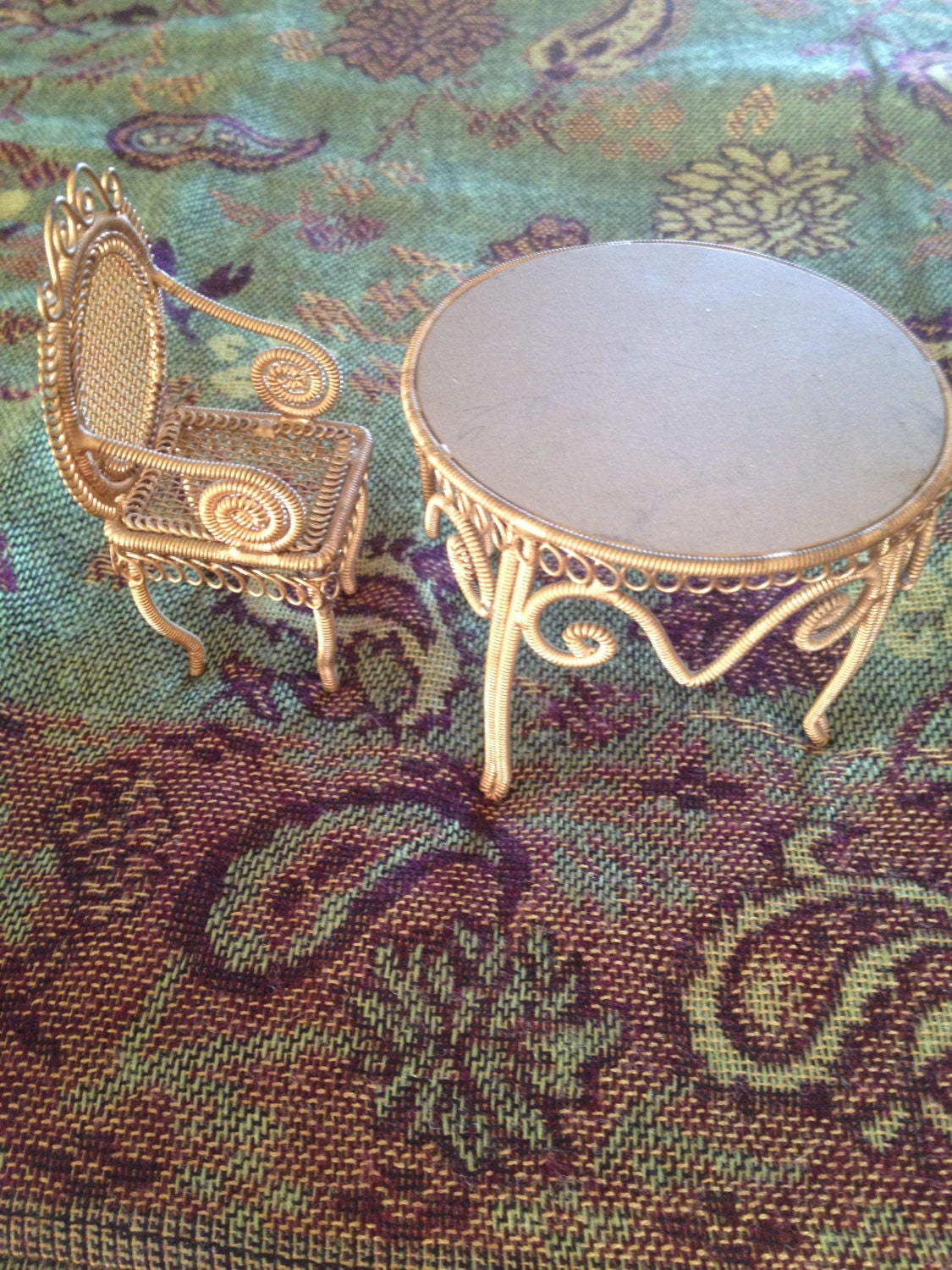 Fancy Vintage Miniature Furniture Wire Scrollwork Table and Chair