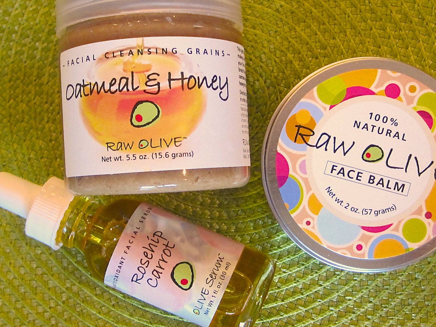 Facial Starter Kit - 100% Natural - Oatmeal & Honey Cleansing Grains, Rosehip Carrot Serum, Olive Face Balm