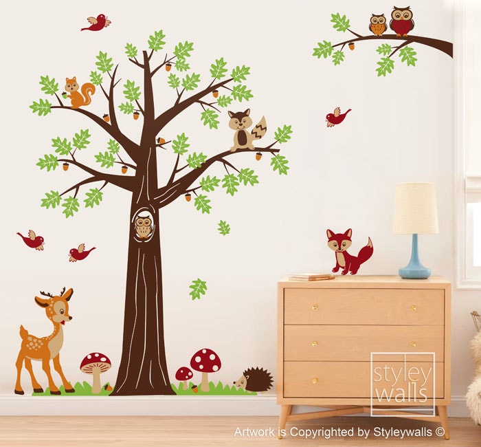Nursery Wall Decal Woodland Forest Animals Bambi Deer Owls Squirrels Raccoon Baby Kids Room Art Decor