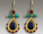 24k gold plated chandelier earrings inspired by Frida Kahlo with lapis stones,red garnet,turquoise and coral stones. - Memory