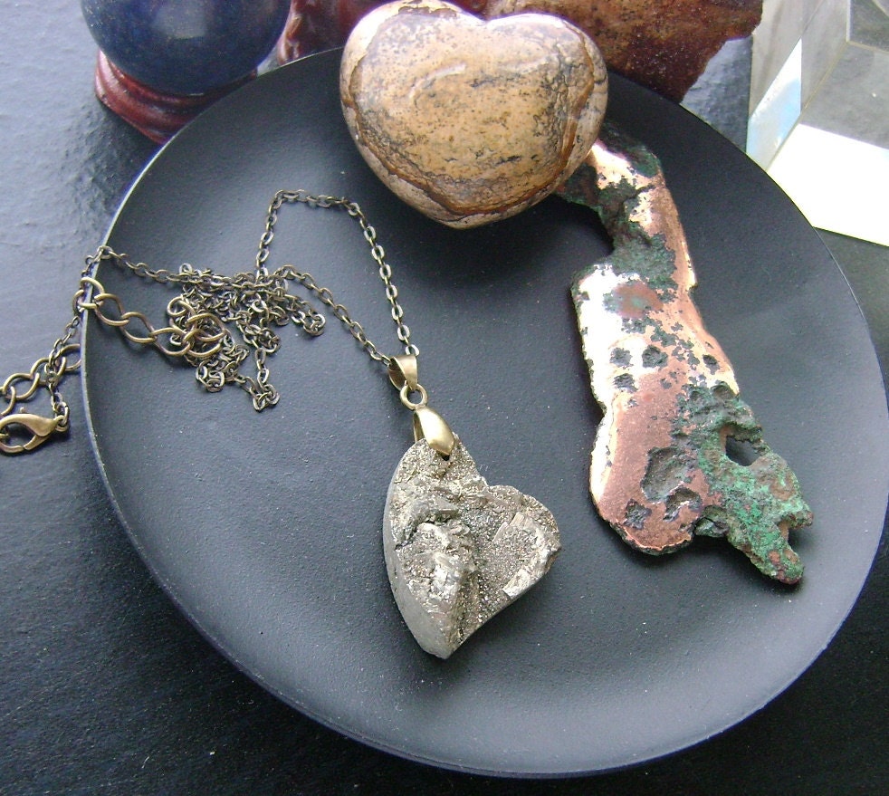 Pyrite Druzy Sloped Gemstone Heart Necklace-Rough natural form pyrite on brass chain