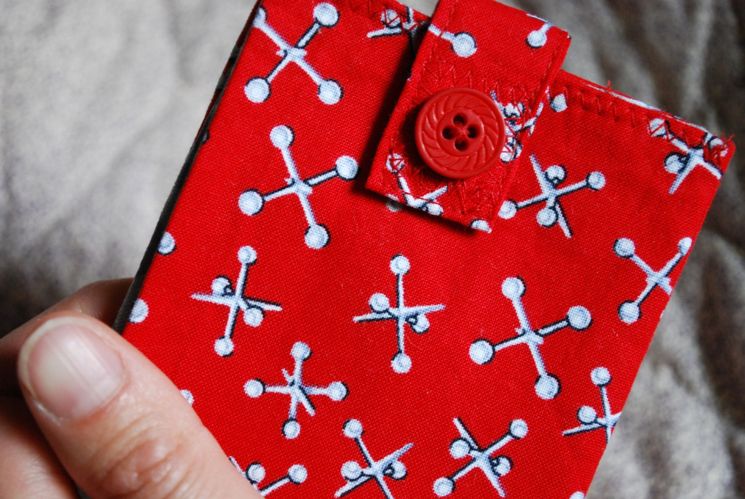 Thin Womens wallet - red with retro children's Jacks - coin pocket