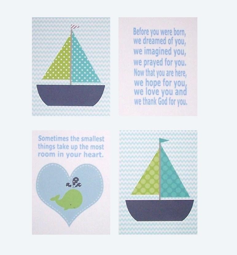 Nursery Art, Baby Boy Nursery Art, Kids Wall Art, Sailboat, Whale, Kids Sayings, Blue, Green, Set of Four, 8x10 Prints