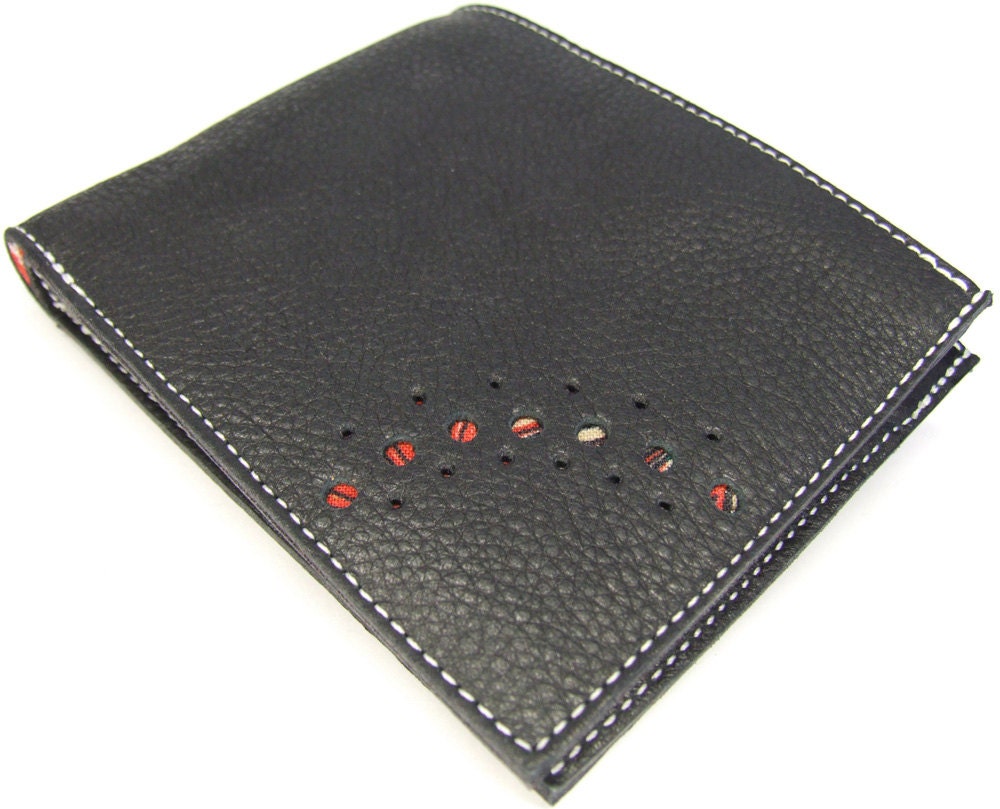 Black leather wallet with red swirl print lining