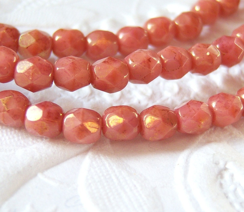 Czech beads, 4mm pink coral picasso faceted round bead lot of (50) - JH136