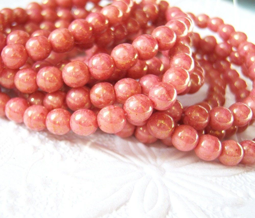 Czech beads, 6mm pink coral  round beads with gold picasso finish lot of (30) - JH170