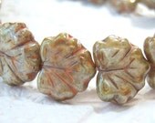 Czech glass olive green maple leaf beads, autumn colored bead lot of (20) - MX225