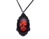 Red  Victorian Lady Style Cameo Necklace Includes Pendant, Gunmetal Chain