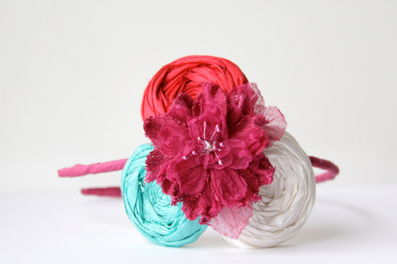 Rose Couture Headband Flower Headband Blue White and Pink Flowers Ribbon Headband Rose Flower Headdress