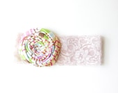 Newborn Headband Rosette Flower Headband Blush Pink Lace and Stripe Cotton Flower Newborn Headband 12 inches