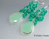 Mint Green Chalcedony Earrings Emerald Green Onyx Sterling Silver Wire Wrap Cluster Earrings Bezel Set Gemstone Earrings
