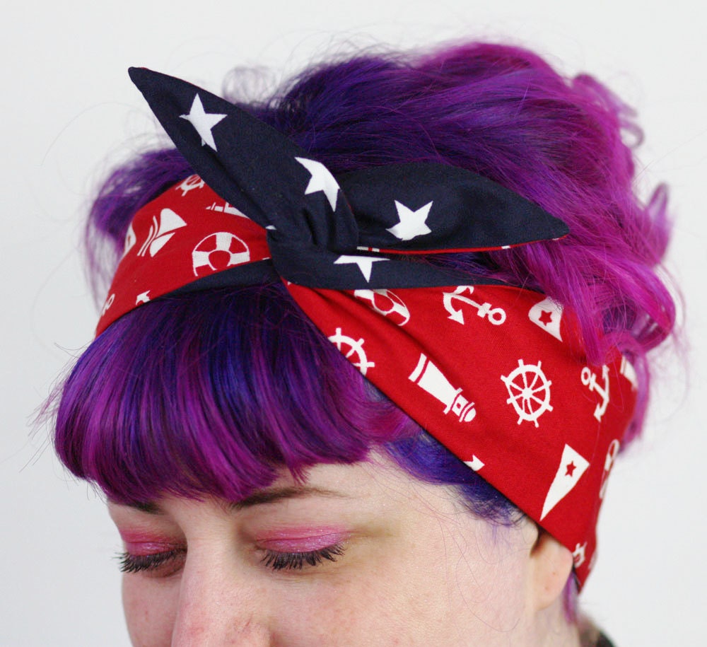 Rockabilly Reversible Wired Bow Headband, Red Nautical and Dark Navy with White Stars