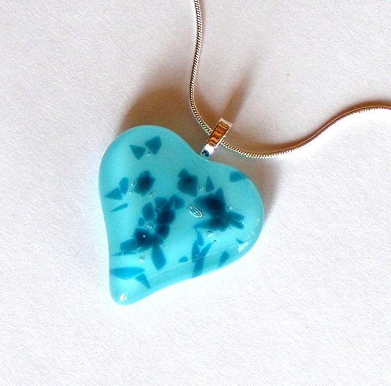Glass Heart Pendant - Fused Glass Pendant Necklace - Light Blue Turquoise