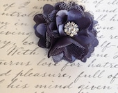 Small satin and tulle flower clip with crystal rhinestones in dark grey, white, champagne tan, burgundy.