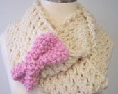 Hand Knit Infinity Loop Scarf, Chunky Knit Scarf in Ecru Cream, Winter White, Pink Knit Bow Scarf