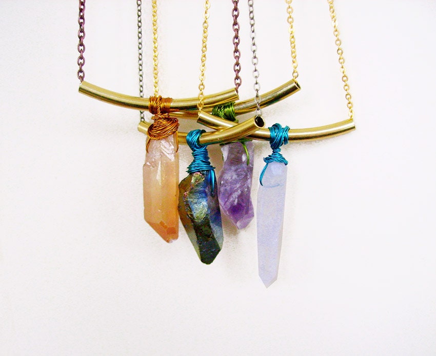Raw Crystal Quartz  Necklace, Curved Bar Wire Wrapped Quartz Necklace - Birthstone Jewelry - Modern Tribal Lapidary Pendant