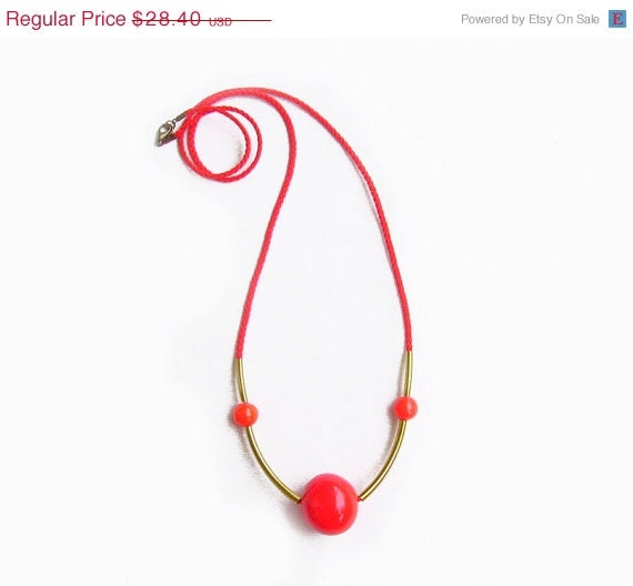 SUMMER SALE Poppy Red Minimalist  Necklace -  Curved Bar Geometric Necklace, Atomium Necklace