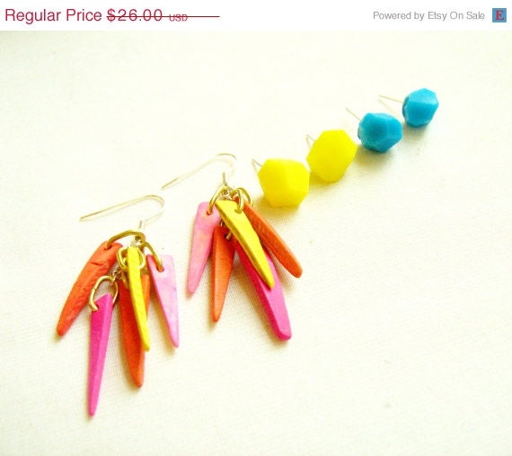SUMMER SALE Tribal Geometry Neon Earrings, Value Gift Set of Three pairs - Neon Geo stones and Spikes Earrngs
