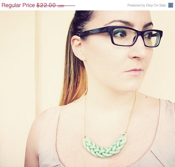 SUMMER SALE Mint Polymer Clay Necklace,  Handmade Polymer Clay Bib  Statement Necklace