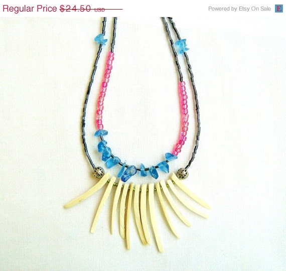 SUMMER SALE Spike Necklace, Tribal Statement Necklace - Salsa - neon pink, blue, white