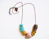 SUMMER SALE Geometric Stripes Necklace in Teal, Mustard, Baked Bronze, Tan - Color Block Polymer Clay Handmade Necklace - Fall/Winter Trend