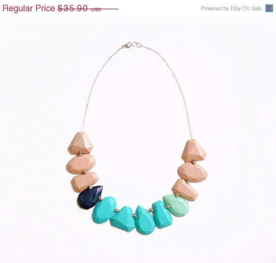 SUMMER SALE Teal Nude Polymer Clay Necklace, Geometric Pastel Necklace in Nude Teal Mint Emerald, Gem Candy Collection