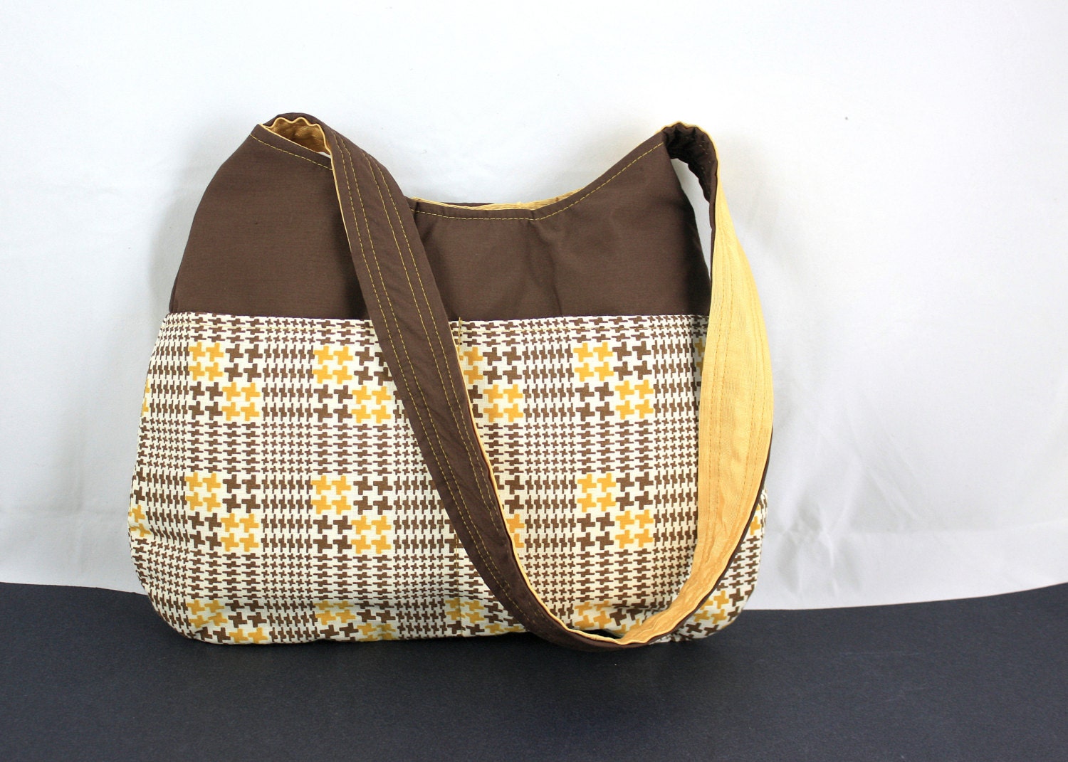 The Millie Bag by Nstarstudio - Shoulder Purse, Womens Handbag - Upcycled Yellow, Recycled Brown Houndstooth Fabric Purse