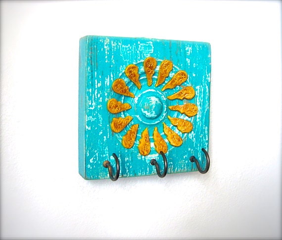 Repurposed Antique Architectural Salvage, Architectural Fragment Functional Wall Art, Aqua and Sunflower Wall Hook Rack/Key Rack