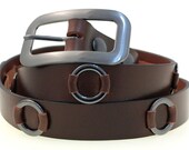Women's Skinny 1 1/8"   Mahogany Fashion Belt Soft Esquire Buffalo Leather Laced-In Metal Rings Matching Black Square Buckle Made In USA