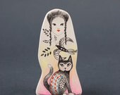 Cat and Bird Air Dry Clay Handmade Brooch / Little Girl Drawing Pin
