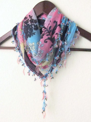 Plum-Aqua Blue-Dark Purple-Pink  mixed colorful,  Turkish Oya  Scarf,authentic, romantic, elegant, fashion,weddings,bridal,vintage,rustic