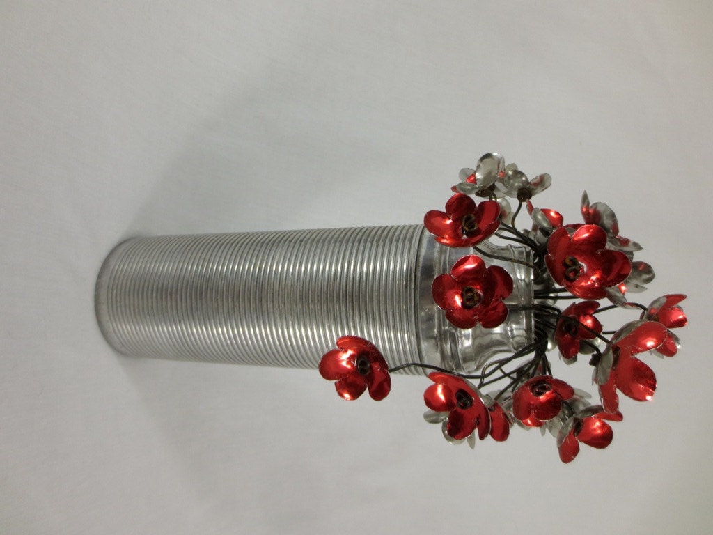 Marvelous Red Metallic Forever Blooming Metal Flowers In Vintage Thermos