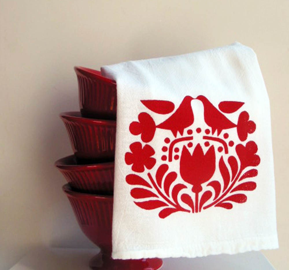 Red Scandinavian Print Kitchen Towel Hostess Housewarming Wedding Gift