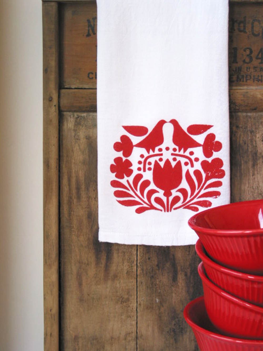 Red Scandinavian Print Kitchen Towel Hostess Housewarming Wedding Gift
