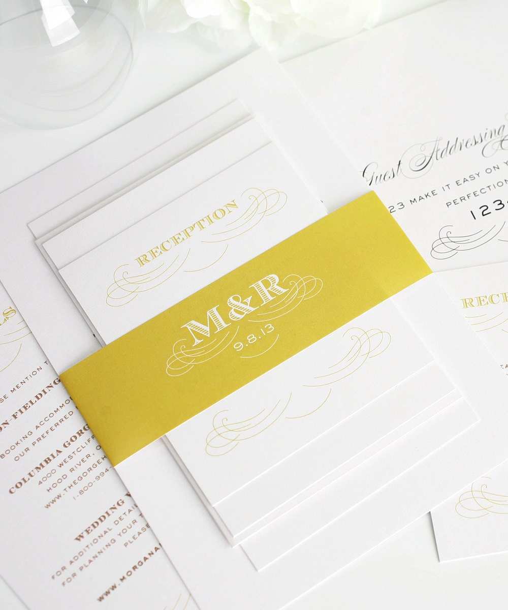 Gold Wedding Invitation, Classic Wedding Invitation - Antique Monogram Wedding Invitation - Sample Set