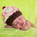 Crochet Baby Girl Cupcake Beanie, Custom Made, Newborn, 0-3 3-6 Months Multi Colored Sprinkle Cherry Hat Photo Photography Prop Shower Gift
