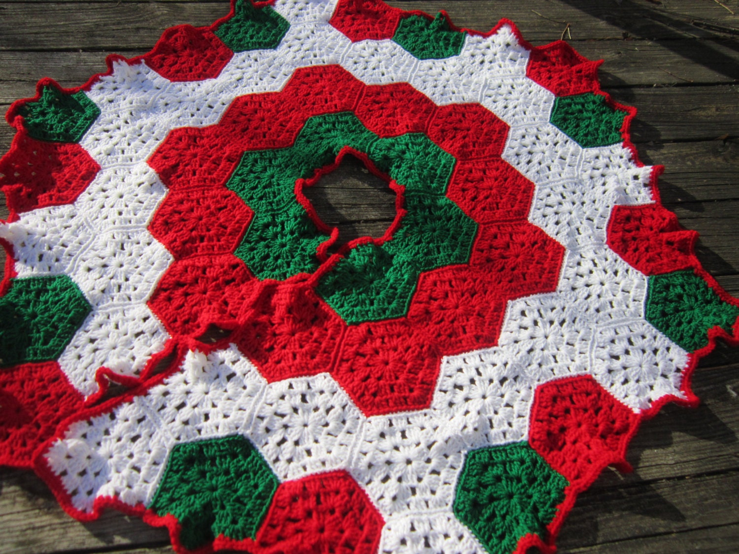 Christmas Tree Skirt Crocheted Granny Hexagons in Red Green and White