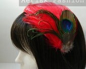 RED Peacock feather derby fascinator - Tara Design - CHOOSE headband, hair clip, or comb